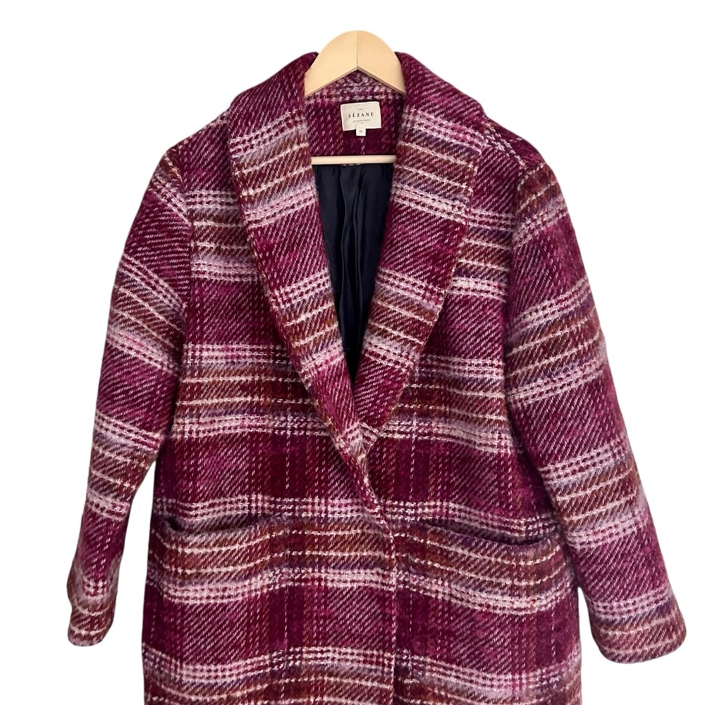 Sézane Joe Shawl Wool Blend Coat in Burgundy and Pink Tartan Sz 38 US 6 - Picture 7 of 10